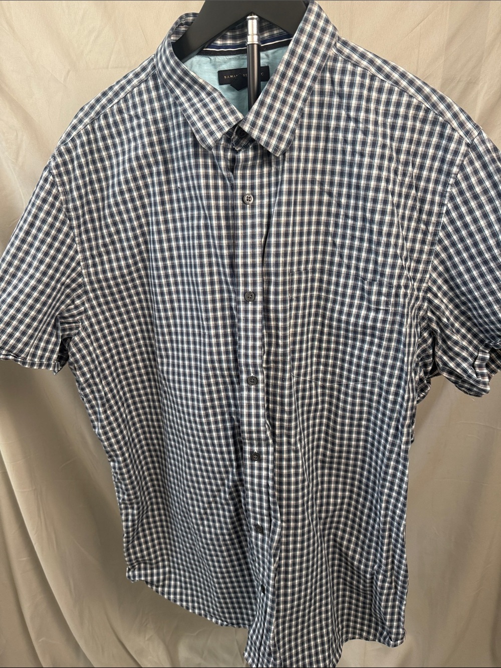 Banana Republic Blue and White Check Short-Sleeve Button-Down Shirt